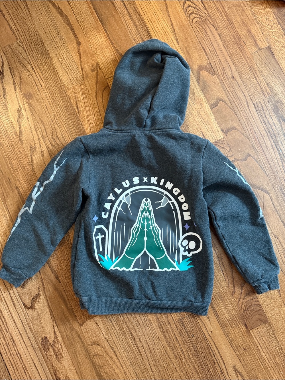Kids Gray 'Caylus x Kingdom' Graphic Hoodie with Teal Accent